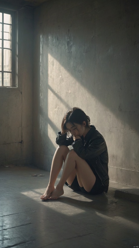  A girl with a melancholic expression sits on the floor of a sparse, dimly lit room. She is casually dressed, with a dark jacket and shorts, her hair falling over her face in a relaxed manner. Two small windows let in a faint light, creating a moody and introspective atmosphere. The walls are bare and textured, suggesting an abandoned or forgotten space. The overall tone of the image is one of solitude and contemplation, with a cinematic quality that emphasizes the emotional state of the subject, best quality, ultra highres, original, extremely detailed, perfect lighting.