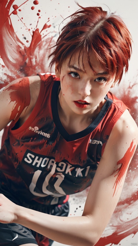 A young girl with short red hair, Red lips, smoky makeup, slim , Highlight the curvaceous figure,wearing a red basketball jersey with the number 10 and the word "SHOHOKU" on it, in a dynamic and intense action pose,high detail, splashes of red and white paint, emotional and powerful expression, close-up shot, focus on the face and upper body, muscular build, abstract and artistic background, vibrant and energetic colors, intense and dramatic atmosphere, realistic and stylized mix, sports theme, expressive and dynamic composition
best quality, ultra highres, original, extremely detailed, perfect lighting