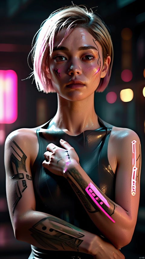  An evocative digital painting of a character with a striking gaze and an aura of resilience. The subject has a modern, asymmetrical haircut with shades of pink and blonde, and there's a black substance creeping onto her face, possibly symbolizing corruption or an inner battle. Her arms are crossed, embracing herself, which may indicate self-reliance or protection. Intricate tattoos or cybernetic enhancements adorn her arms, hinting at a sci-fi or dystopian setting. The lighting is soft yet dramatic, focusing on her face and the details of her arms, contrasting with the dark, ambiguous background. The artwork captures a sense of defiance and vulnerability simultaneously, best quality, ultra highres, original, extremely detailed, perfect lighting