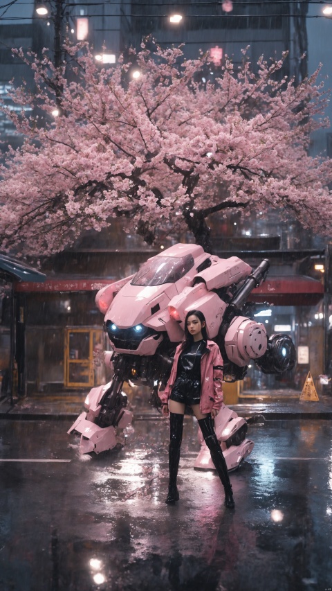  A young woman dressed in glossy, edgy fashion stands confidently on a reflective, rain-drenched urban street. Accompanying her is a large mech, its exterior detailed with delicate cherry blossom motifs. The night blooms with the soft pinks of the cherry blossoms overhead, floating down in a gentle shower. The woman’s modern, vibrant outfit contrasts with the mech’s martial presence, creating a narrative that fuses contemporary style with futuristic combat readiness. City lights shimmer in the background, casting an otherworldly glow on the scene, best quality, ultra highres, original, extremely detailed, perfect lighting