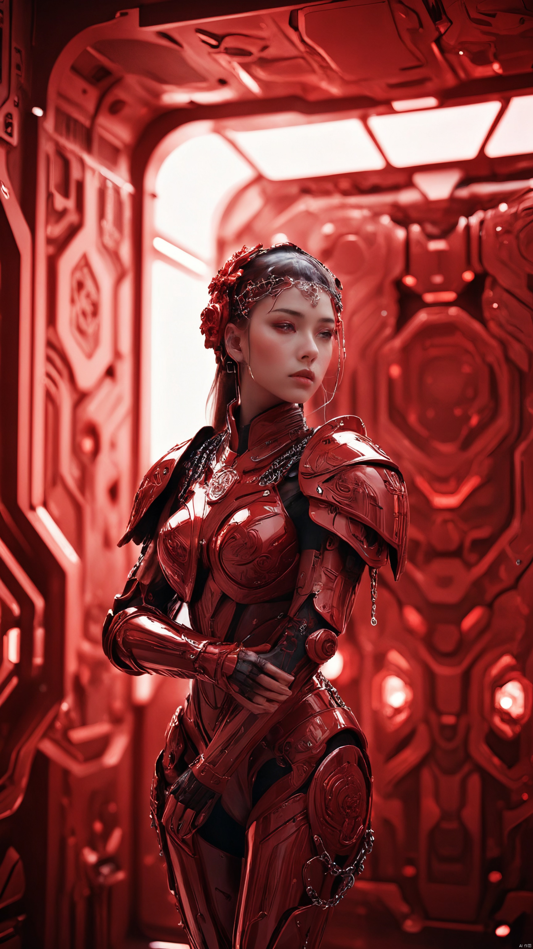  A contemplative female warrior in elaborate red mech-style armor, glossy with intricate designs including floral patterns and chains, inside a futuristic corridor with soft red ambient lighting, sleek and polished look of advanced technology, reflective armor catching the light, high contrast with dark background, best quality, ultra highres, original, extremely detailed, perfect lighting