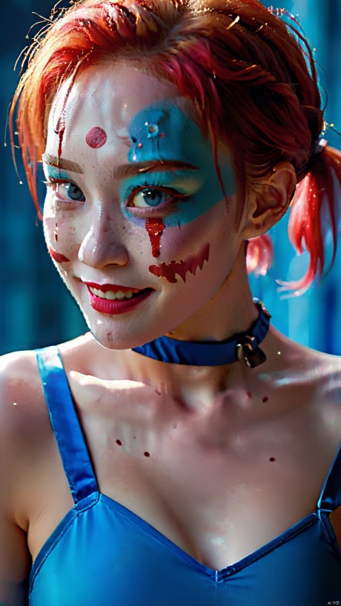  1girl, asian,solo, cute,looking at viewer, smile, blue eyes, blonde hair, blue hair, upper body, red hair, multicolored hair, choker, striped, lips, blood, makeup, lipstick, freckles, red lips, facepaint, clown, split theme,best quality, ultra highres, original, extremely detailed, perfect lighting