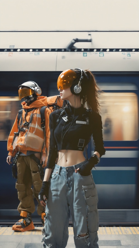  stylish young woman with headphones, cropped black top, ripped jeans, confident pose, futuristic robot companion with orange vest and helmet, communication gear, urban fashion, hip vibe, subway platform scene, motion blur of speeding train, casual yet bold style, contemporary look,best quality, ultra highres, original, extremely detailed, perfect lighting
