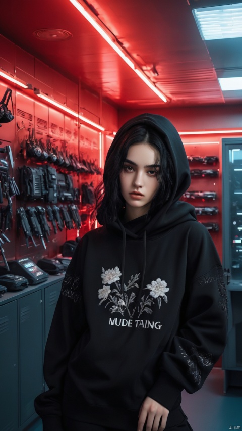 An urban chic young woman with voluminous, wavy black hair and piercing eyes, exuding a mysterious allure. She is wearing an oversized black hoodie featuring intricate white floral embroidery with the text 'MUDE ETIANG' in a bold, contemporary font. The hoodie has detailed textures on the sleeves that hint at a street-fashion influence. She is situated in a futuristic armory bathed in vibrant red neon lighting that casts a dramatic glow, emphasizing the contrast between the weapons displayed on the walls and the shadowed areas of the room. The air is filled with a sense of anticipation, underscored by the sharp angles and clean lines of the metallic lockers and shelves that house high-tech equipment and armaments, resonating with a cyberpunk theme, best quality, ultra highres, original, extremely detailed, perfect lighting