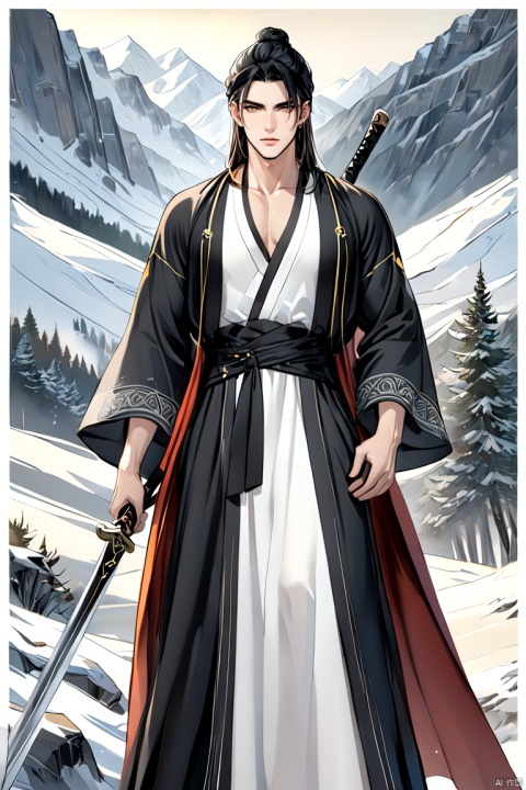  (niji style),Anime style,solo,  1boy, (A sharply defined face), (High nasal bridge), (Side face),Cross arms, wearing a long sword at his waist, in a remote mountainous area of the border , Hanfu,Black eyes,Masculinity, full_body,Asian man, niji style, Anime,