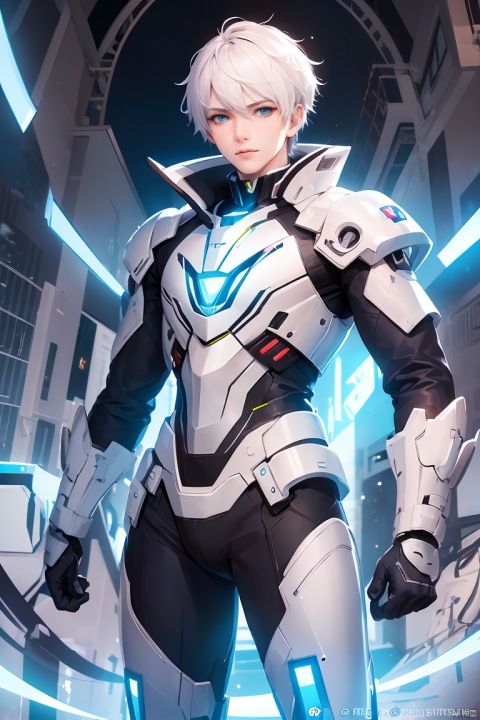 Cyber City,1boy, solo,blue eyes,mecha musume,white hair,Short hair, In their 20s,handsome,Cheerful,extroversion,looking at viewer,energy,tarrysky,Anime characters,Mech jacket, futuristic style, hyper-realistic pop, celestialpunk, full_body,8k,