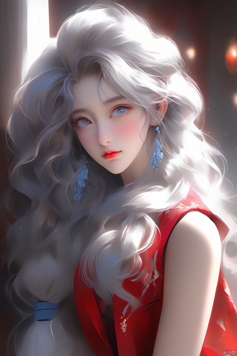 Anime style, beautiful Asian girl, cool feeling, Grey blue eyes, high-end photos, Western beauty,  white hair with a pinch of blue, fluffy curly hair, red sleeveless vest, artist Sargent's color, realistic facial features, beautiful lighting, extremely beautiful facial details and delicate eyes, clear and three-dimensional facial features, 32K, niji style,ghibli style