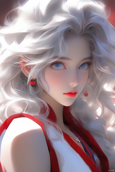 Anime style, beautiful Asian girl, cool feeling, blue eyes, high-end photos, Western beauty, shoulder length white hair with a pinch of blue, fluffy curly hair, red sleeveless vest, artist Sargent's color, realistic facial features, beautiful lighting, extremely beautiful facial details and delicate eyes, clear and three-dimensional facial features, 32K, niji style