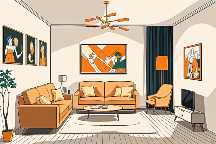  indoor scene, room, 24k, detailed depiction, comic style, fresh and healing color matching, smooth lines, high quality, healing style, warm and cozy, , cozy animation scenes,living room,Without humans,Cream colored wall,Orange sofa