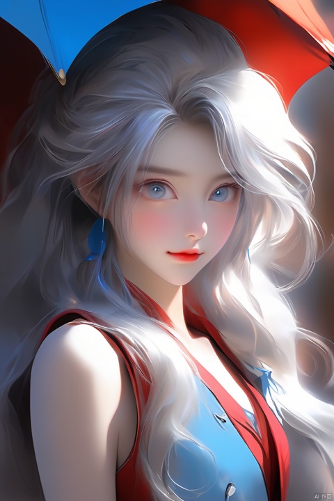 Anime style, beautiful Asian girl, cool feeling, Grey blue eyes, high-end photos, Western beauty,  white hair with a pinch of blue, red sleeveless vest, artist Sargent's color, realistic facial features, beautiful lighting, extremely beautiful facial details and delicate eyes, clear and three-dimensional facial features, 32K, niji style,ghibli style