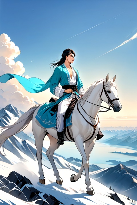  (niji style),Anime style,solo,  1boy, (side face) ,wearing a long sword at his waist,Riding a horse, Standing on a high mountain,Looking into the distance, ,(there is a  island in the distance) , Hanfu,,Asian man, niji style, Anime,prospect