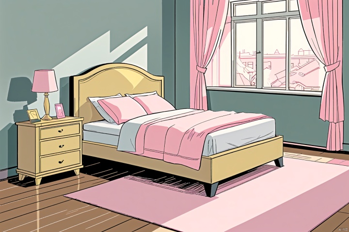 indoor scene, room, 24k, detailed depiction, comic style, fresh and healing color matching, smooth lines, high quality, healing style, warm and cozy, , cozy animation scenes,Without humans,bed,pink