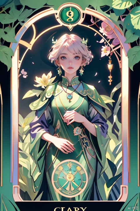 Masterpiece, Superb, Alphonse Mucha, Art Nouveau, Tarot style, Unique tarot card frame that combines floral and green elements, Goddess, black straight long hair, emerald green, elegant dress inspired by nature , looking at the viewer, accessories include necklaces, earrings, rings, bracelets, hair accessories designed with flowers and leaves, in the garden, sunlight, roses, lilies, cherry blossoms, irises, leaves, moss and vines, butterflies, birds, with flowers Tarot symbols reimagined in and greenery design, natural background, effective use of light and shadow, 8k,Anime