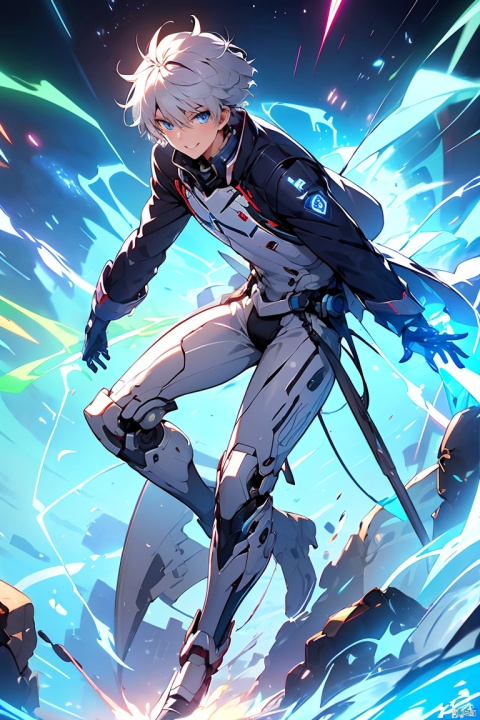  Graphics card core,1boy, solo,blue eyes,mecha musume,white hair,Short hair, In their 20s,handsome,Cheerful,extroversion,looking at viewer,energy,glowing,diffractionspikes,ejaculation,electricity,magic,tarrysky, ,full_body,Anime characters,technological marvels,Mech jacket, futuristic style, ray tracing, hyper-realistic pop, celestialpunk, grid-like structures,8k, 
