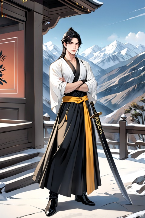  (niji style),Anime style,solo,  1boy, (A sharply defined face), (High nasal bridge), (Side face),Cross arms, wearing a long sword at his waist, in a remote mountainous area of the border , Hanfu,Black eyes,Masculinity, full_body,Asian man, niji style, Anime,