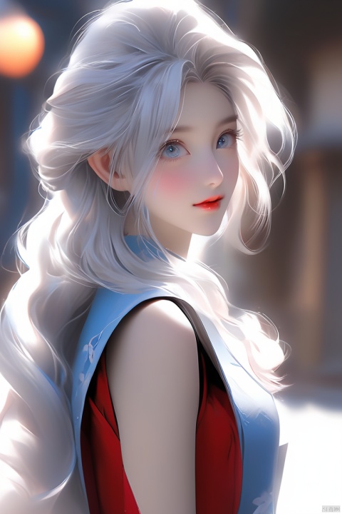 Anime style, beautiful Asian girl, cool feeling, Grey blue eyes, high-end photos, Western beauty,  white hair with a pinch of blue, red sleeveless vest, artist Sargent's color, realistic facial features, beautiful lighting, extremely beautiful facial details and delicate eyes, clear and three-dimensional facial features, 32K, niji style,ghibli style