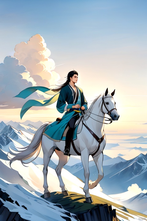  (niji style),Anime style,solo,  1boy, (side face) wearing a long sword at his waist,Riding a horse, Standing on a high mountain,Looking into the distance, ,(there is a  island in the distance) , Hanfu,,Asian man, niji style, Anime,prospect