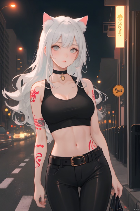  high-quality, ultra-detailed, high resolution, wallpaper, 1girl, (abs:0.8), cat ears, cat tail,Grey white hair,Hair has big waves ((tatoos)), tight black pants, belt, black crop top, choker,At night, city streets,neon light