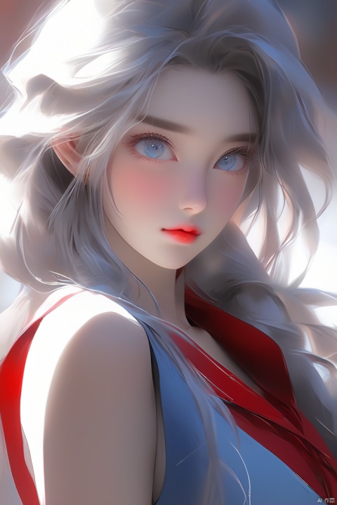 Anime style, beautiful Asian girl, cool feeling, Grey blue eyes, high-end photos, Western beauty,  white hair with a pinch of blue, red sleeveless vest, artist Sargent's color, realistic facial features, beautiful lighting, extremely beautiful facial details and delicate eyes, clear and three-dimensional facial features, 32K, niji style,ghibli style