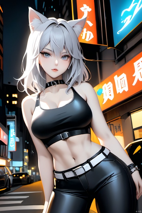 high-quality, ultra-detailed, high resolution, wallpaper, 1girl, (abs:0.8), cat ears, cat tail,Grey white hair,Hair has big waves ((tatoos)), tight black pants, belt, black crop top, choker,At night, city streets,neon light