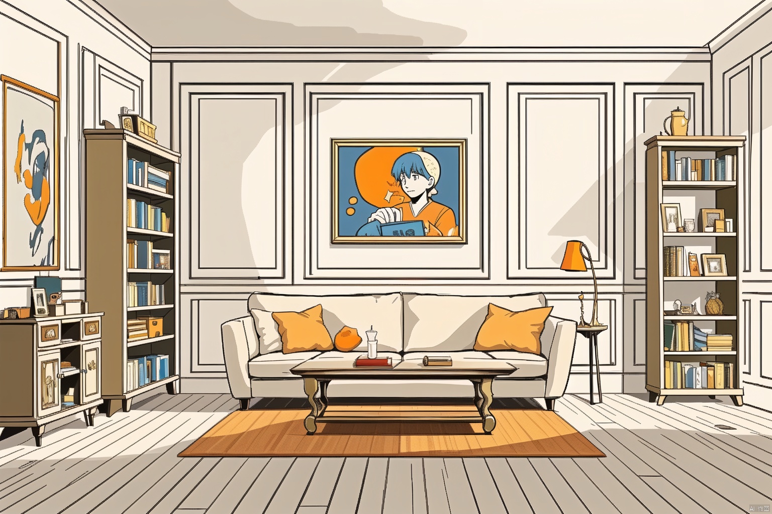  indoor scene, room, 24k, detailed depiction, comic style, fresh and healing color matching, smooth lines, high quality, healing style, warm and cozy, , cozy animation scenes,living room,Without humans,Cream colored wall,Orange sofa,Bookcase