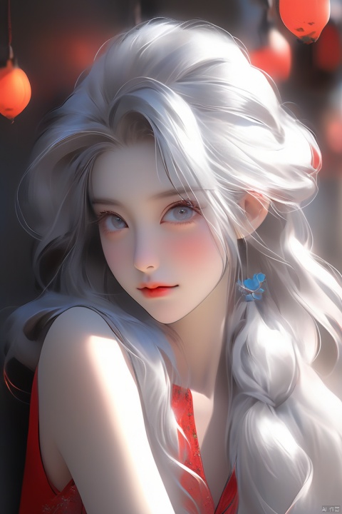 Anime style, beautiful Asian girl, cool feeling, Grey  eyes, high-end photos, Western beauty,  white hair with a pinch of blue, red sleeveless vest, artist Sargent's color, realistic facial features, beautiful lighting, extremely beautiful facial details and delicate eyes, clear and three-dimensional facial features, 32K, niji style,ghibli style