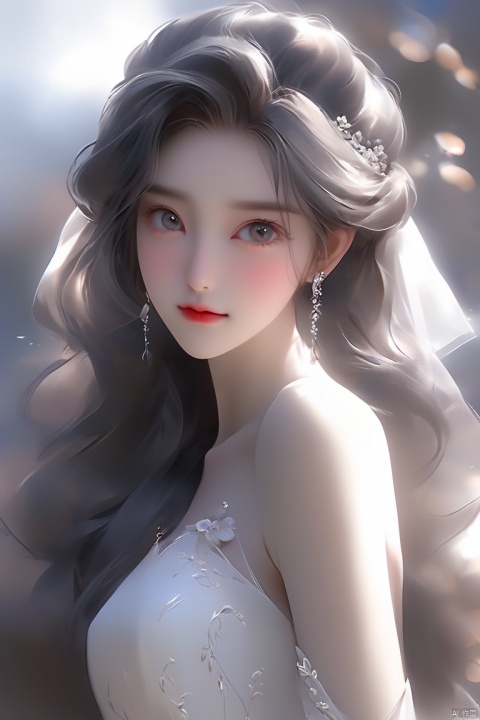 Anime style, beautiful Asian girl, cool feeling, gray eyes, wearing wedding dress, high-end photos, Western beauty, artist Sargent's colors, realistic facial features, beautiful lighting, extremely beautiful facial details and delicate eyes, clear and three-dimensional facial features, 32K, Nigel style, Ghibli style,