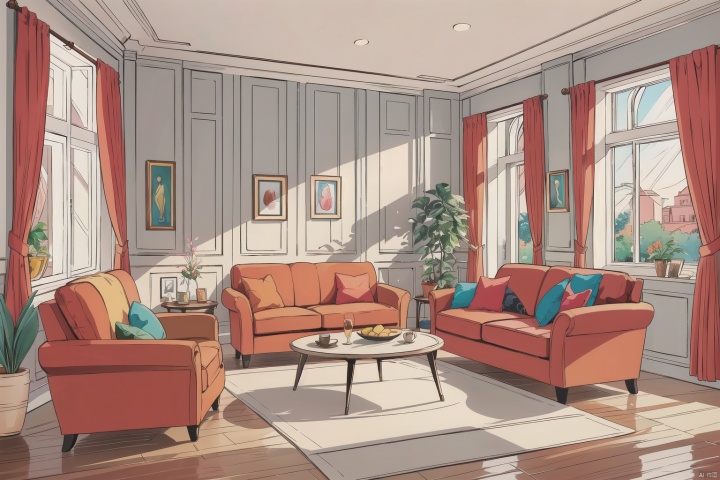  Hand drawn, illustrated, indoor scene, room, 24k, detailed depiction, comic style, fresh and healing color matching, smooth lines, high quality, healing style, warm and cozy, , cozy animation scenes,sofa,living room,Without humans