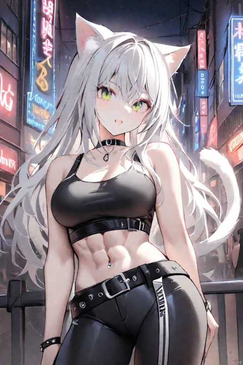  high-quality, ultra-detailed, high resolution, wallpaper, 1girl, (abs:0.8), cat ears, cat tail,Grey white hair,Hair has big waves ((tatoos)), tight black pants, belt, black crop top, choker,At night, city streets,neon light