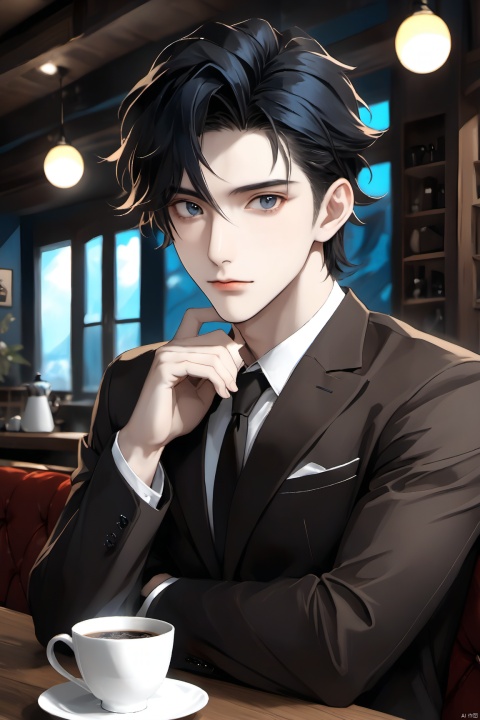  A boy, 26 years old,black hair with a pinch of blue,black eyes,Coffee colored suit,manly,A sharply defined face,Cross hands
﻿
, clear and three-dimensional facial features, 32K, niji style,ghibli style, Anime style, cool feeling, high-end photos,