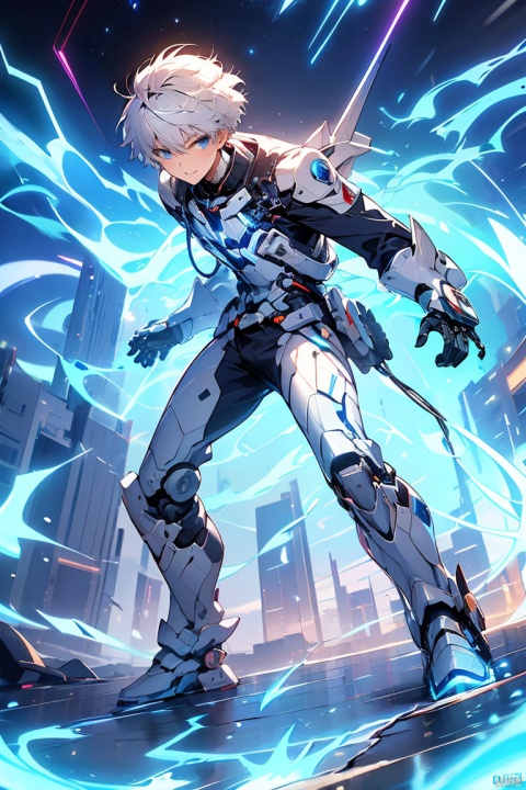  Graphics card core,1boy, solo,blue eyes,mecha musume,white hair,Short hair, In their 20s,handsome,Cheerful,extroversion,looking at viewer,energy,glowing,diffractionspikes,ejaculation,electricity,magic,tarrysky, ,full_body,Anime characters,technological marvels,Mech jacket, futuristic style, ray tracing, hyper-realistic pop, celestialpunk, grid-like structures, full_body,8k, 1boy