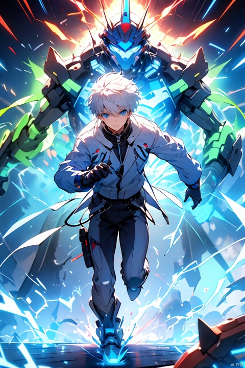  Graphics card core,1boy, solo,blue eyes,mecha musume,white hair,Short hair, In their 20s,handsome,Cheerful,extroversion,energy,glowing,running,diffractionspikes,ejaculation,electricity,magic,tarrysky, Anime characters,technological marvels,Mech jacket, futuristic style, ray tracing, hyper-realistic pop,8k, 