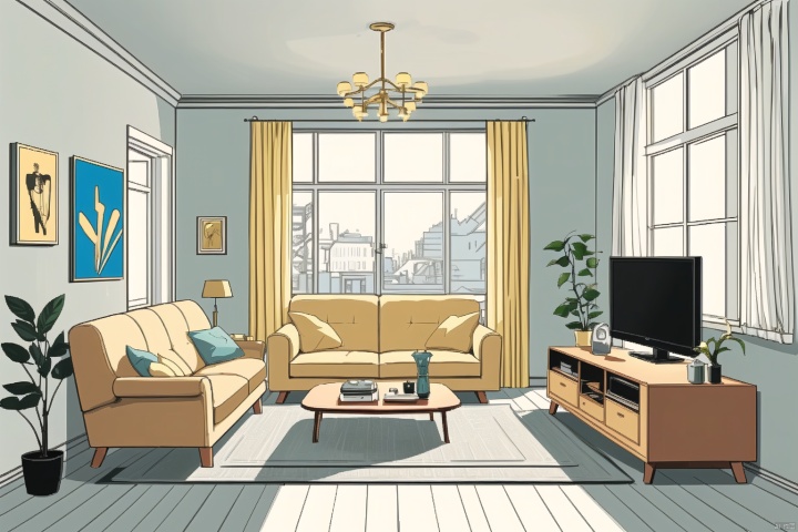  indoor scene, room, 24k, detailed depiction, comic style, fresh and healing color matching, smooth lines, high quality, healing style, warm and cozy, , cozy animation scenes,sofa,living room,Without humans