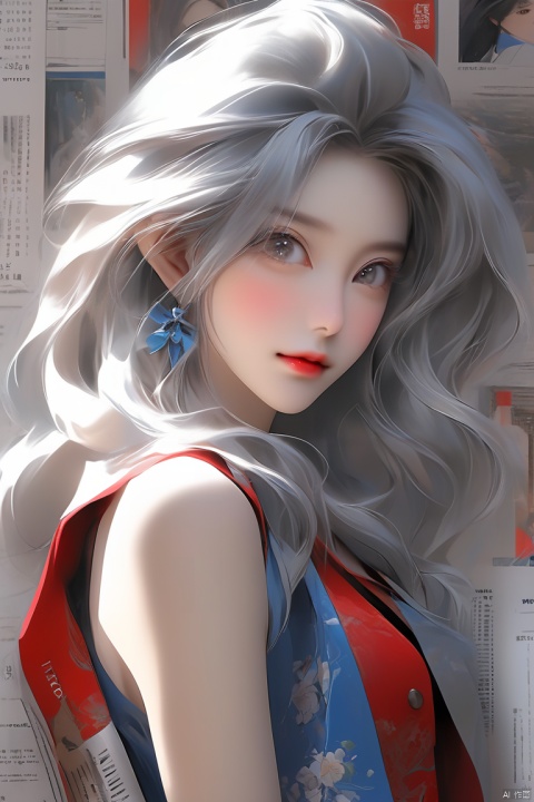 Anime style, beautiful Asian girl, cool feeling, Grey  eyes, high-end photos, Western beauty,  white hair with a pinch of blue, red sleeveless vest, artist Sargent's color, realistic facial features, beautiful lighting, extremely beautiful facial details and delicate eyes, clear and three-dimensional facial features, 32K, niji style,ghibli style,Newspaper background