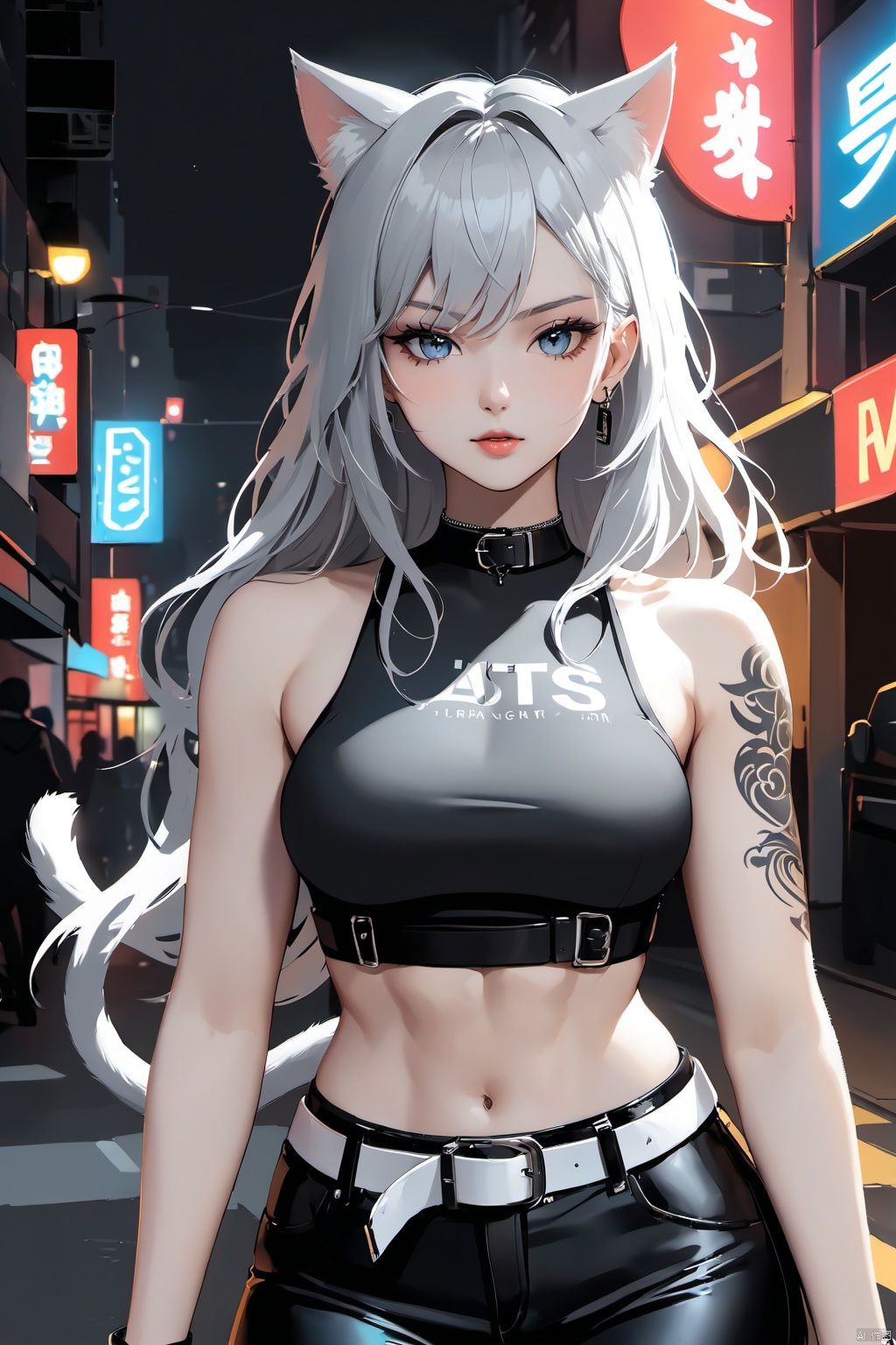  high-quality, ultra-detailed, high resolution, wallpaper, 1girl, (abs:0.8), cat ears, cat tail,Grey white hair,Hair has big waves ((tatoos)), tight black pants, belt, black crop top, choker,At night, city streets,neon light