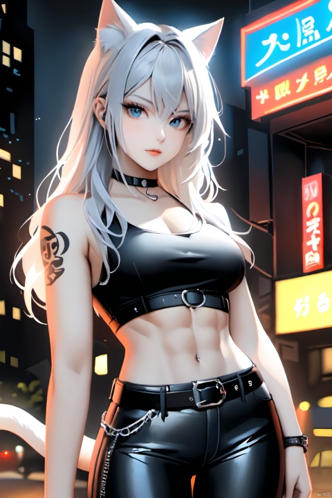 high-quality, ultra-detailed, high resolution, wallpaper, 1girl, abs, cat ears, cat tail,Grey white hair,Hair has big waves ((tatoos)), tight black pants, belt, black crop top, choker,At night, city streets,neon light