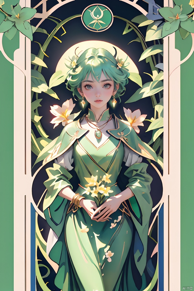  Masterpiece, Superb, Alphonse Mucha, Art Nouveau, Tarot style, Unique tarot card frame that combines floral and green elements, Goddess, emerald green, elegant dress inspired by nature , looking at the viewer, accessories include necklaces, earrings, rings, bracelets, hair accessories designed with flowers and leaves, in the garden, sunlight, roses, lilies, cherry blossoms, irises, leaves, moss and vines, butterflies, birds, with flowers Tarot symbols reimagined in and greenery design, natural background, effective use of light and shadow, 8k,Anime,3d,