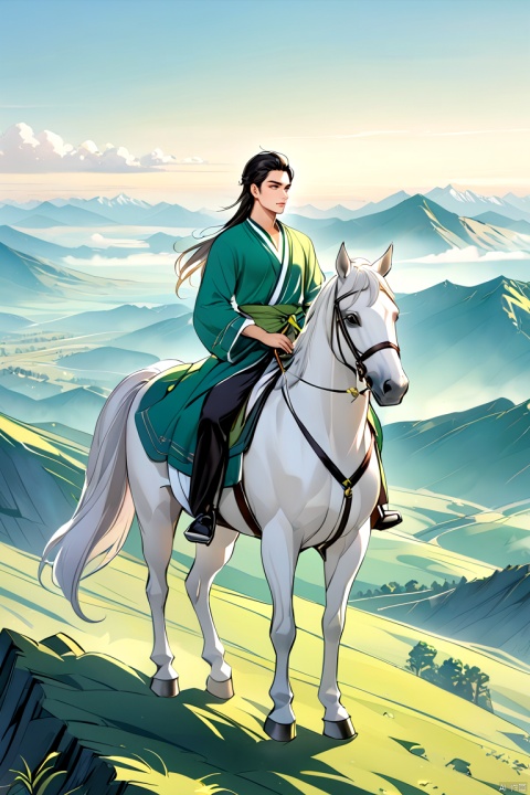  (niji style),Anime style,solo,  1boy,  wearing a long sword at his waist,Riding a horse, Standing on a high mountain,Looking into the distance, there is a green island in the distance , Hanfu,,Asian man, niji style, Anime,prospect
