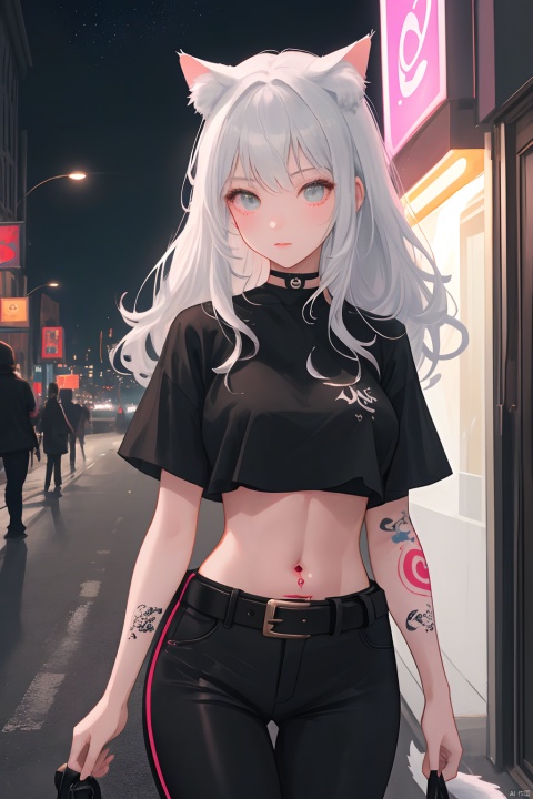  high-quality, ultra-detailed, high resolution, wallpaper, 1girl, (abs:0.8), cat ears, cat tail,Grey white hair,Hair has big waves ((tatoos)), tight black pants, belt, black crop top, choker,At night, city streets,neon light