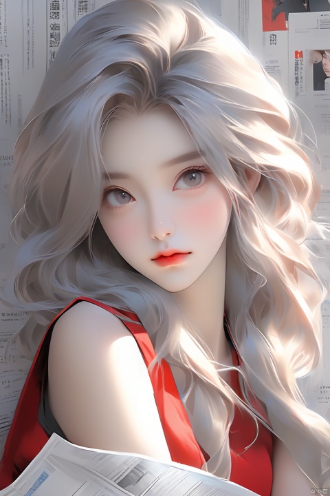 Anime style, beautiful Asian girl, cool feeling, Grey  eyes, high-end photos, Western beauty,  light yellow hair with a pinch of blue, red sleeveless vest, artist Sargent's color, realistic facial features, beautiful lighting, extremely beautiful facial details and delicate eyes, clear and three-dimensional facial features, 32K, niji style,ghibli style,Newspaper background
