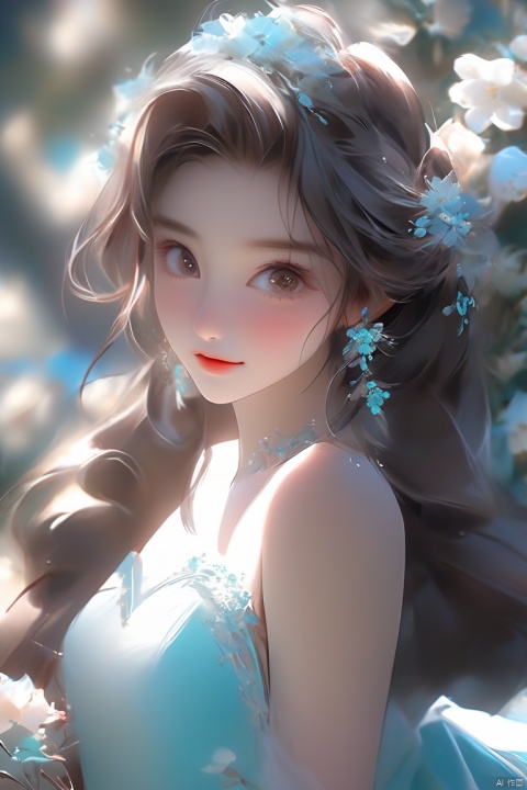 Anime style, beautiful Asian girl, cool feeling, gray eyes, wearing wedding dress, turquoise brown hair, background with a sea of flowers, high-end photos, Western beauty, artist Sargent's color, realistic facial features, beautiful lighting, extremely beautiful facial details and delicate eyes, clear and three-dimensional facial features, 32K, dopamine color, niji5
