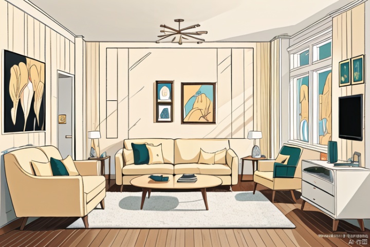  indoor scene, room, 24k, detailed depiction, comic style, fresh and healing color matching, smooth lines, high quality, healing style, warm and cozy, , cozy animation scenes,sofa,living room,Without humans,Cream colored wall,
