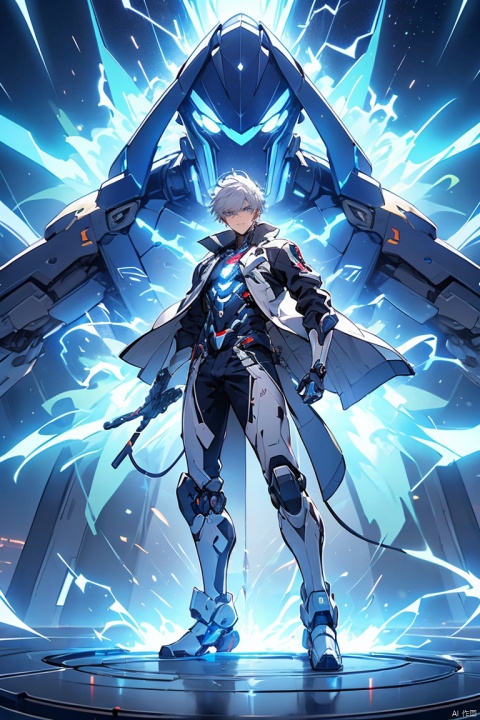  Graphics card core,1boy, solo,blue eyes,mecha musume,white hair,Short hair, In their 20s,handsome,Cheerful,extroversion,looking at viewer,energy,glowing,diffractionspikes,ejaculation,electricity,magic,tarrysky, ,full_body,Anime characters,technological marvels,Mech jacket, futuristic style, ray tracing, hyper-realistic pop, celestialpunk, grid-like structures, full_body,8k, 1boy