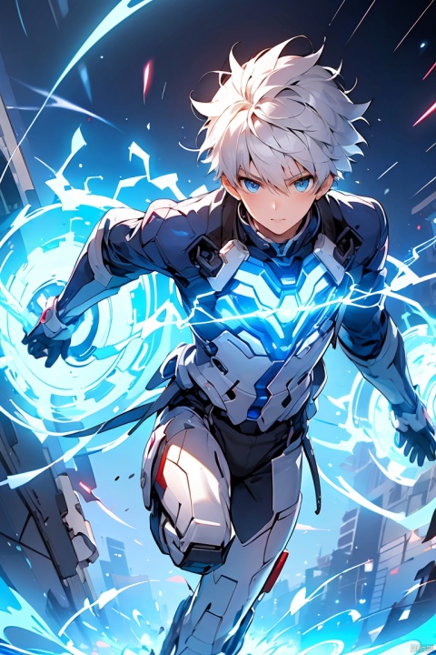  Graphics card core,1boy, solo,blue eyes,mecha musume,white hair,Short hair, In their 20s,handsome,Cheerful,extroversion,energy,glowing,running,diffractionspikes,ejaculation,electricity,magic,tarrysky, Anime characters,technological marvels,Mech jacket, futuristic style, ray tracing, hyper-realistic pop,8k, 