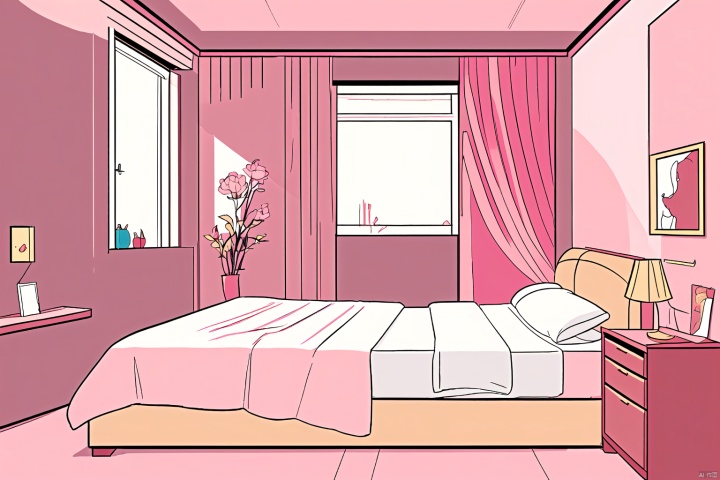  indoor scene, room, 24k, detailed depiction, comic style, fresh and healing color matching, smooth lines, high quality, healing style, warm and cozy, , cozy animation scenes,Without humans,bed,pink