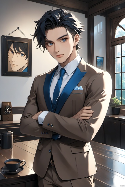  A boy, 26 years old,black hair with a pinch of blue,black eyes,Coffee colored suit,manly,A sharply defined face,Cross hands,Brown skin
﻿
, clear and three-dimensional facial features, 32K, niji style,ghibli style, Anime style, cool feeling, high-end photos,full_body