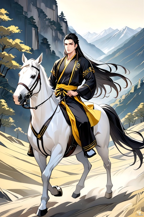  (niji style),Anime style,solo, long hair, ,1boy, (A sharply defined face), (High nasal bridge), riding a horse, wearing a long sword at his waist, in a remote mountainous area of the border , Hanfu,Black eyes,Masculinity, full_body,Asian man, niji style, Anime