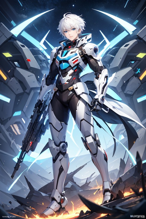  Graphics card core,1boy, solo,blue eyes,mecha musume,white hair,Short hair, In their 20s,handsome,Cheerful,extroversion,looking at viewer,energy,glowing,diffractionspikes,ejaculation,electricity,magic,tarrysky, ,full_body,Anime characters,technological marvels,Mech jacket, futuristic style, ray tracing, hyper-realistic pop, celestialpunk, grid-like structures, full_body,8k,