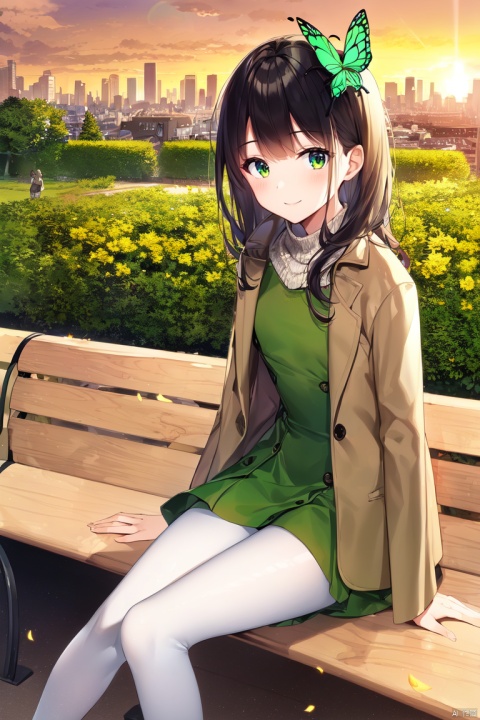  ((garden)), (bench), (light-green butterflies), (city skyline), (sunset), (rosy clouds), 1 young girl, cute girl, solo, close shot, slim, sitting, grace pose, gentle smile, white pantyhose, (long black hair), blunt bangs, green eyes, (khaki fedora), (khaki coat), (long light-green dress), light-greenshoes,,