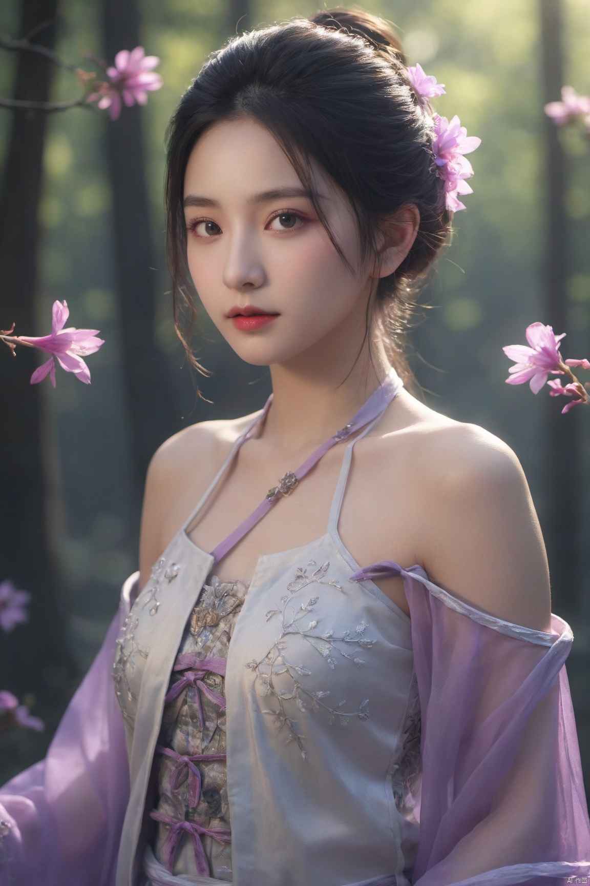  HDR photo of 1girl,chinese hanfu,bare_shoulders,breasts,bioluminescent purple flower,fabulous night forest,magical radiance,Concept art,depth of field,Raw photo,realistic,cinematic lighting,soft shadows,sharp focus,fractal,colorful,depth of field,best quality,16k resolution,vivid colors,volumetric lighting, . High dynamic range, vivid, rich details, clear shadows and highlights, realistic, intense, enhanced contrast, highly detailed